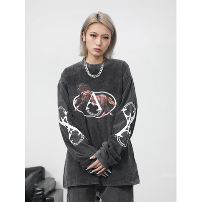 Blusa Vintage Estampado Caballo Cuello Camisero Efecto Desgastado