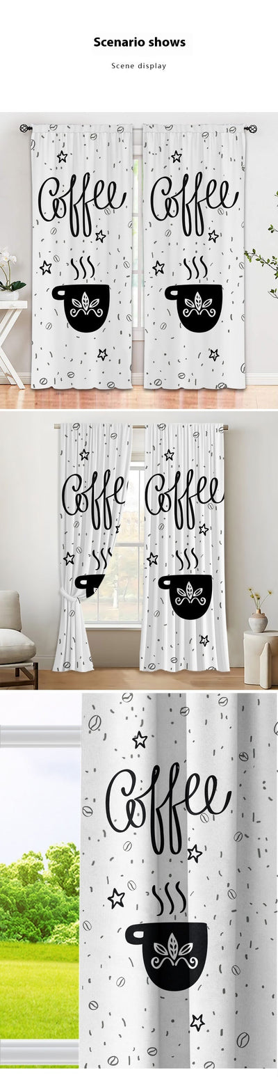 White polyester curtains with a black and white cartoon coffee print, featuring "Coffee" script, steaming cups, and scattered beans and stars. - Image 12