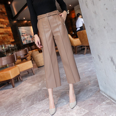 Pantalones de Cuero Sintético para Mujer Cintura Alta con Cinturón Primavera - Image 7