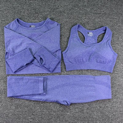 Conjunto Deportivo 3 Piezas: Top Manga Larga, Sostén y Pantalones para Yoga