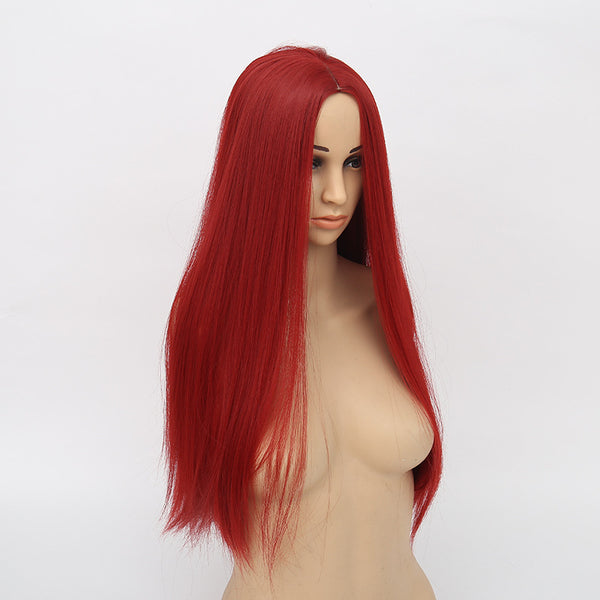 Peluca Larga Roja Vino Cabello Liso Punto Medio Fibra Sintética