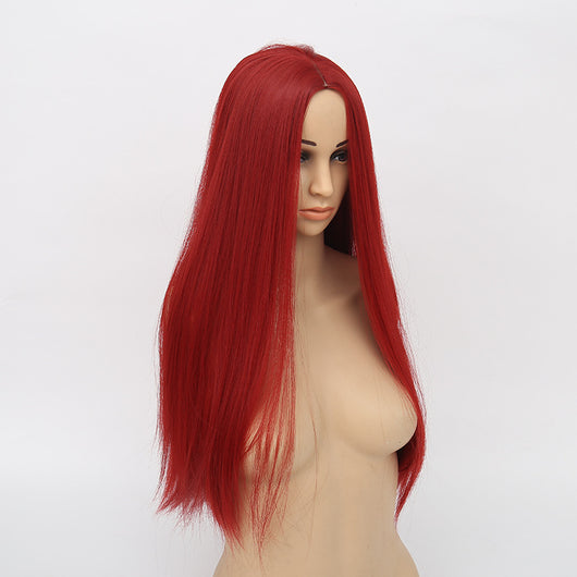 Peluca Larga Roja Vino Cabello Liso Punto Medio Fibra Sintética