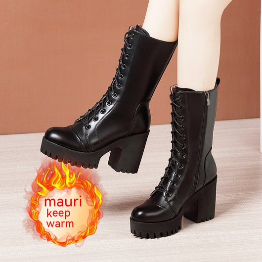 Botas de Tacón Alto Hasta la Pantorrilla con Cordones para Mujer - Image 3