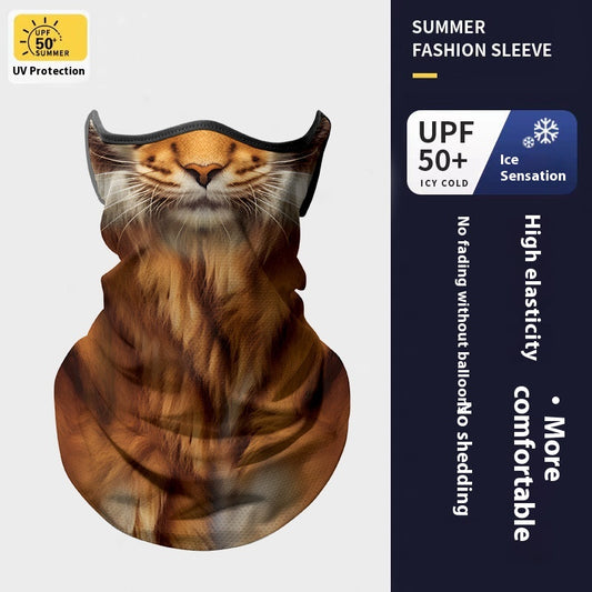 Yellow cat face ice silk neck gaiter with ear loops, designed for sun protection during outdoor sports like cycling. - Image 2