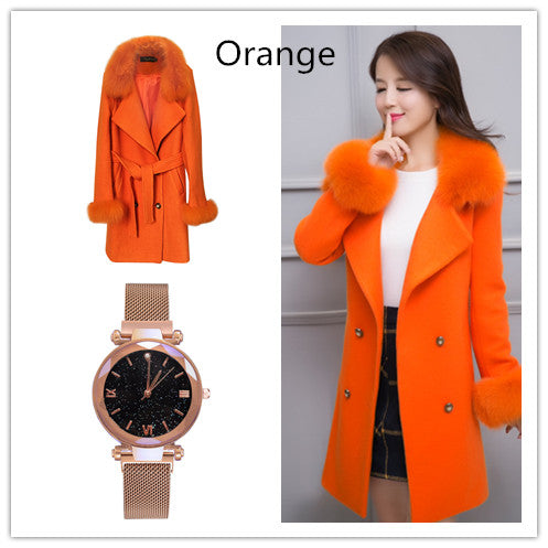 Abrigo de Lana Cintura Ajustada Largo Medio Color Sólido + Reloj Estilo Cielo Estrellado
