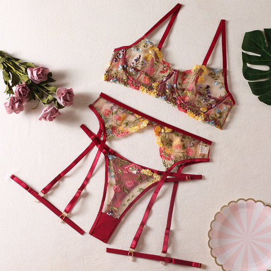 Yellow sheer floral embroidered lingerie set with a bra, thong, and two leg rings, laid flat. - Image 10
