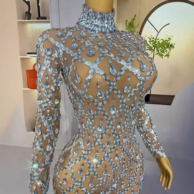 Vestido Largo de Malla Transparente con Cristales Brillantes - Image 7