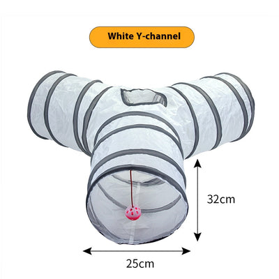 White cat tunnel with dark grey trim, featuring a red and pink hanging toy, measuring 25cm by 50cm. - Image 8