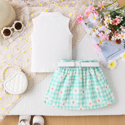 Conjunto de Tres Piezas para Niña: Top Sin Mangas a Rayas con Falda Cuadros Margarita y Cinturón - Image 12