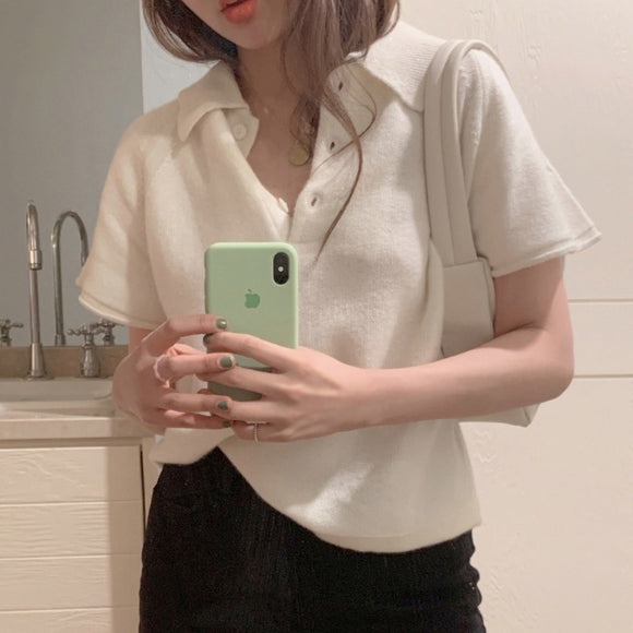 Suéter Corto Mujer Cuello Polo Manga Corta Holgado Base Liviano