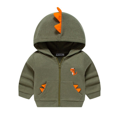 Olive green full-zip hoodie for kids with orange dinosaur spikes on the hood and pockets, and a dinosaur embroidery. - Image 5