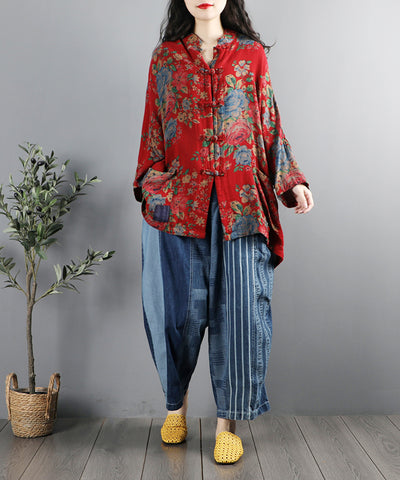 Camisa Retro Étnica con Cuello Mao y Estampado Floral - Image 18