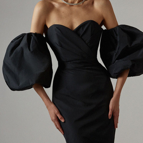 Vestido Ajustado Midi con Mangas Globo y Cintura Envolvente