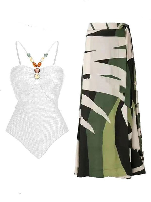 Women's olive green ribbed one-piece swimsuit with colorful beaded straps and matching abstract print sarong skirt. - Image 7