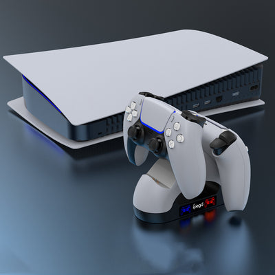 White and black dual charging dock for PS5 gamepads with contact-type charging and illuminated controller icons. - Image 7