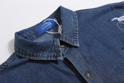Camisa Denim Manga Corta con Bordado de Gato para Hombre - Image 7