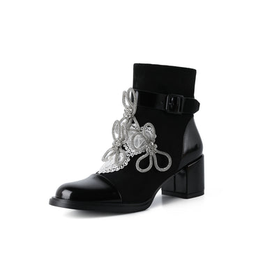Botines Cortos con Moño de Diamantes y Tacón Grueso - Image 8