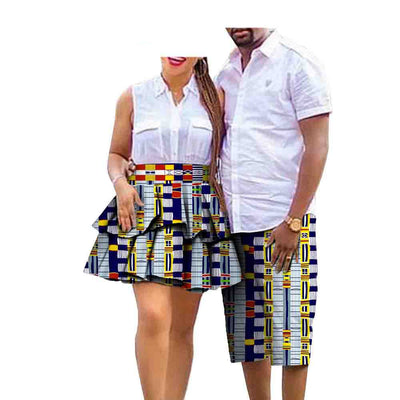 Conjunto de Pareja Estampado Africano en Algodón - Falda para Ella y Shorts para Él - Image 24