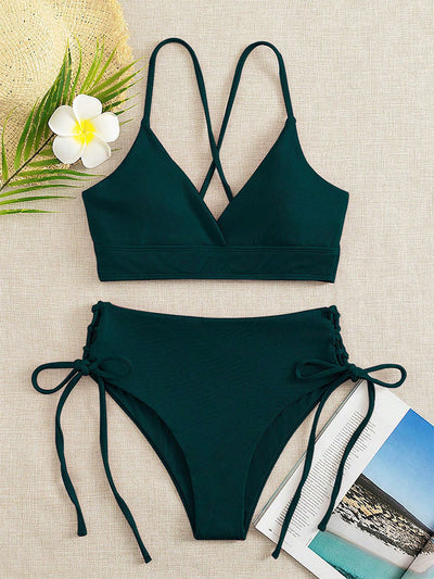 Light green ribbed bikini set with a V-neck bralette top and high-waisted bottoms featuring side tie details. - Image 12