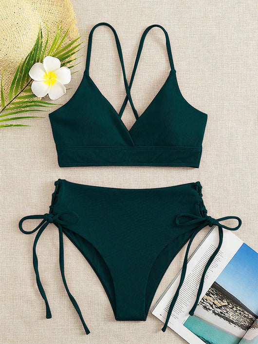 Light green ribbed bikini set with a V-neck bralette top and high-waisted bottoms featuring side tie details. - Image 12