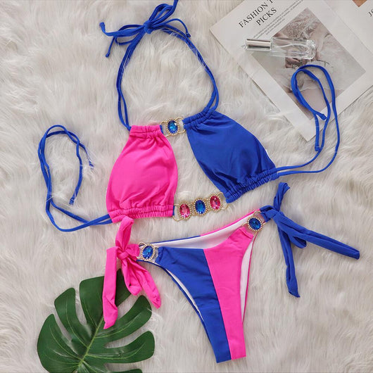 Bikini Bandage Patchwork Diamante Cristal - Traje de Baño Europeo Dividido - Image 4