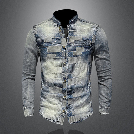 Camisa Denim Punk con Parches de Colores Retro para Hombre - Image 2