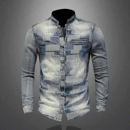 Camisa Denim Punk con Parches de Colores Retro para Hombre - Image 2