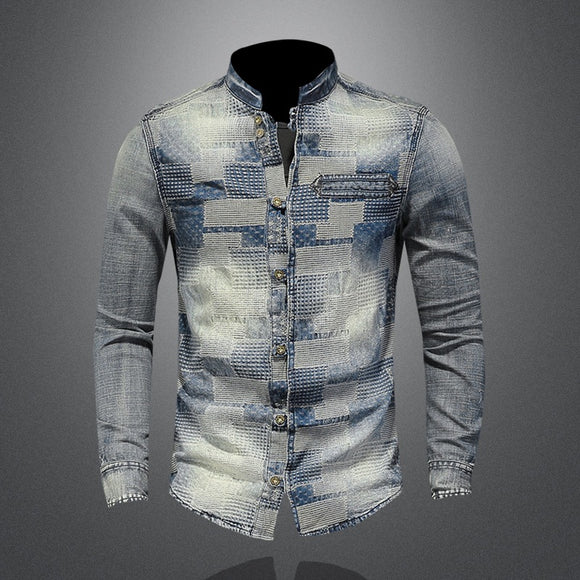 Camisa Denim Punk con Parches de Colores Retro para Hombre