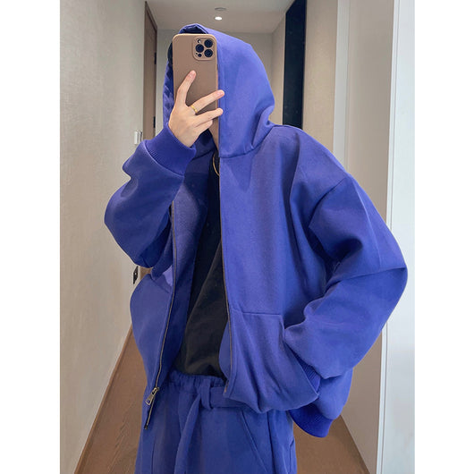 Chamarra Hoodie Azul Suelta con Cierre - Abrigo Corto Retro para Hombre - Image 3