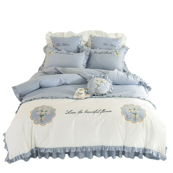 Juego de Cama Infantil de 4 Piezas en Algodón con Volantes y Bordado de Flores