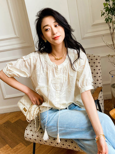 Blusa Mujer Manga Corta Estilo Francés con Bordado Elegante - Image 4