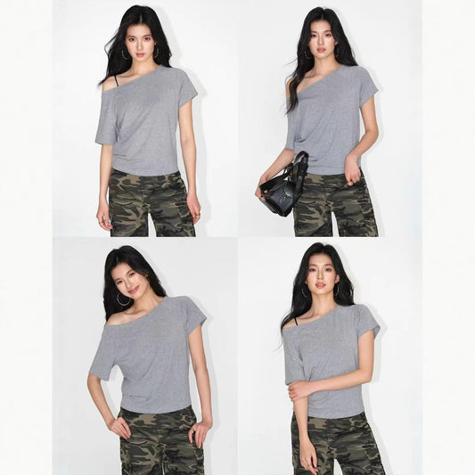 Blusa Holgada de Hombro Oblicuo Manga Corta para Mujer - Image 2