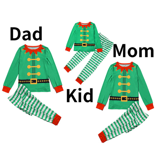 Three matching green elf-themed pajama sets for Dad, Mom, and Kid, featuring striped pants and long-sleeved tops.