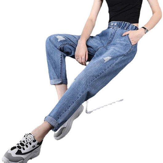 Pantalones Harem Rabanero de Cintura Alta con Rotos y Elástico Fino - Image 7
