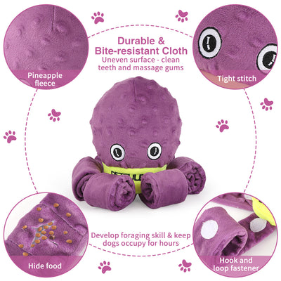 Blue plush octopus dog snuffle toy with a cartoon crying face and a yellow "PETFULED" band, designed for interactive play. - Image 7