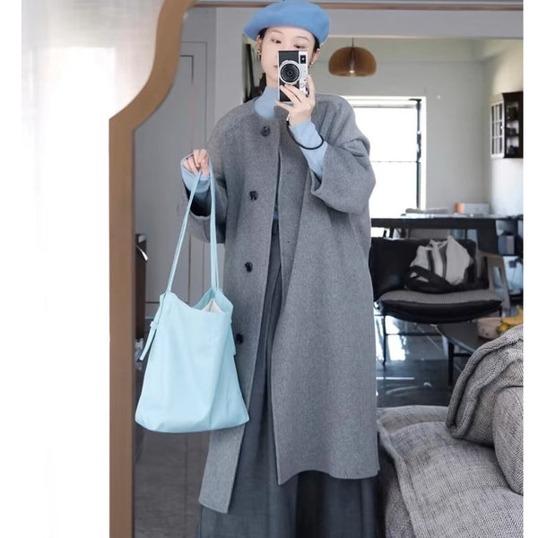 Abrigo de Lana Gris Elegante de Largo Medio para Mujer