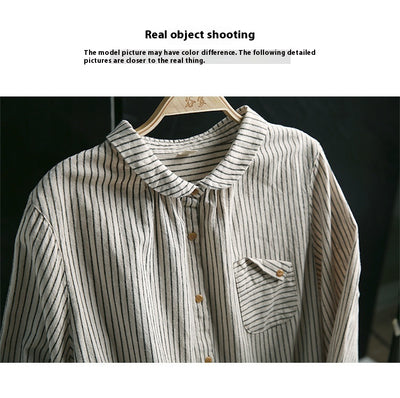 Blusa Retro de Lino y Algodón a Rayas con Diseño Artístico - Image 13