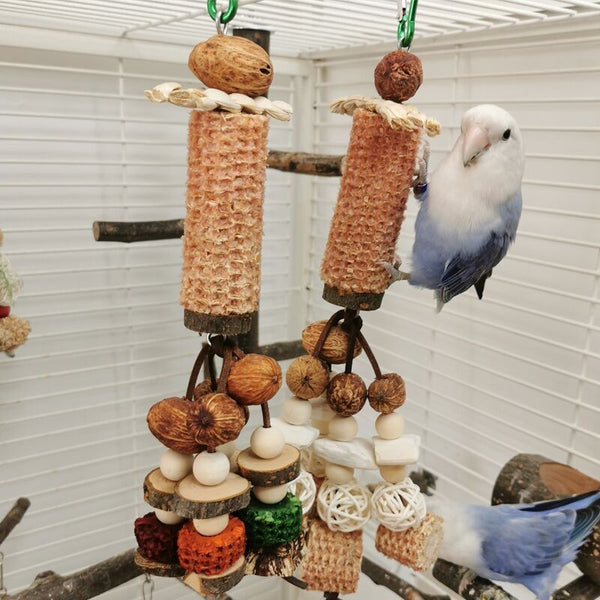 Juguete Combinado para Pájaros - Hueso de Sepia, Madera y Cuerda