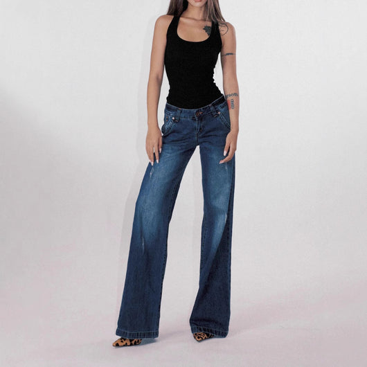 Jeans Rectos Retro Cintura Baja Efecto Desgastado