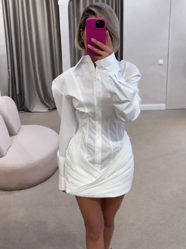 Vestido Camisero Blanco con Pliegues y Manga Larga
