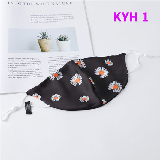 White silk face mask with light blue floral pattern and adjustable ear loops for women's sun protection. - Image 2