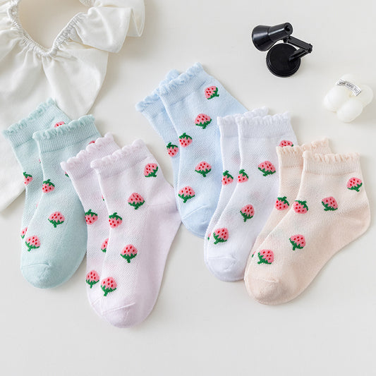 Calcetines Infantiles de Fresa Tubo Medio Niñas Tela Fina