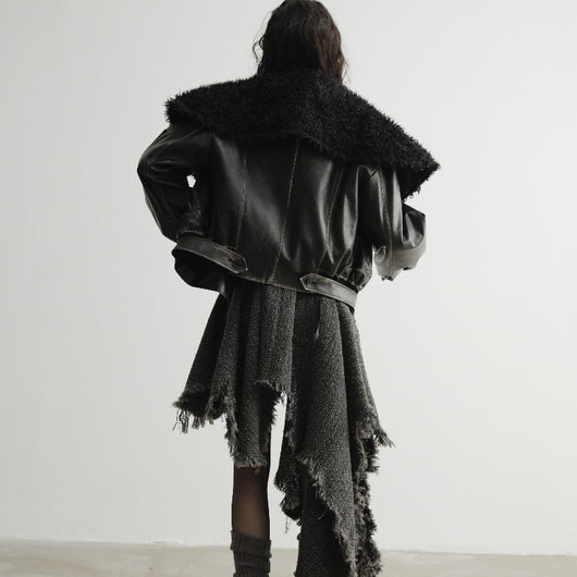 Chaqueta de Cuero Oversized con Cuello de Pelaje - Unisex Relajado - Image 4