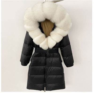 Abrigo Hoodie Largo para Mujer con Cuello de Piel de Zorro y Cintura Ajustada - Image 2