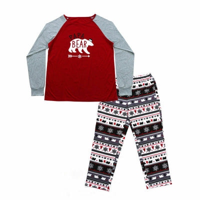 Children's grey and red long-sleeve pajama top with 'LITTLE BEAR' graphic and patterned winter-themed pants. - Image 6