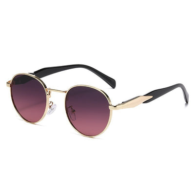 Silver metal round frame sunglasses with dark grey lenses and black temples, offering UV protection for women. - Image 9