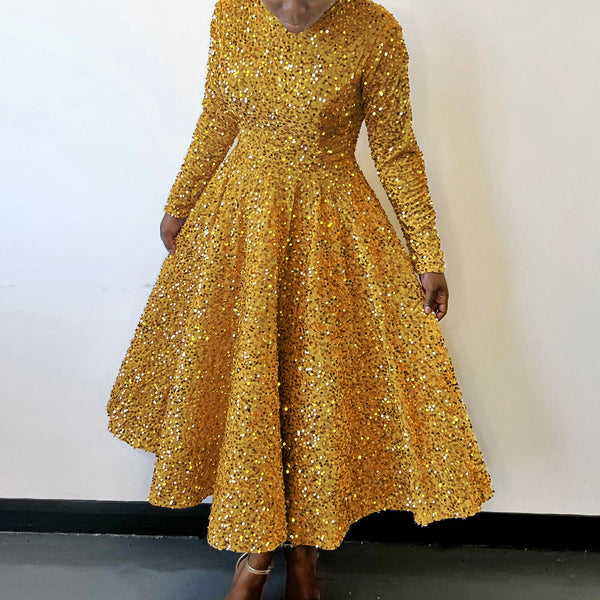 Vestido Formal Midi con Lentejuelas y Manga Larga para Mujer