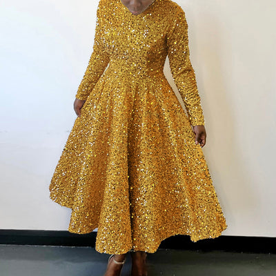 Vestido Formal Midi con Lentejuelas y Manga Larga para Mujer