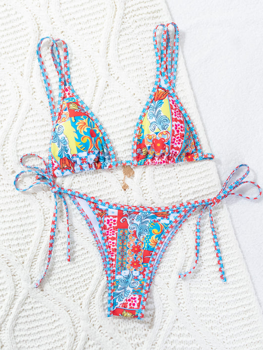 Red floral print triangle cup bikini set with matching bottom, featuring a small gold charm on the top. - Image 37