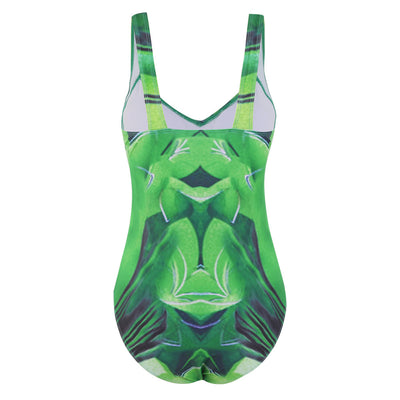 Blue one-piece swimsuit with a large light blue lotus floral print outlined in gold, featuring a V-neck and wide straps. - Image 12